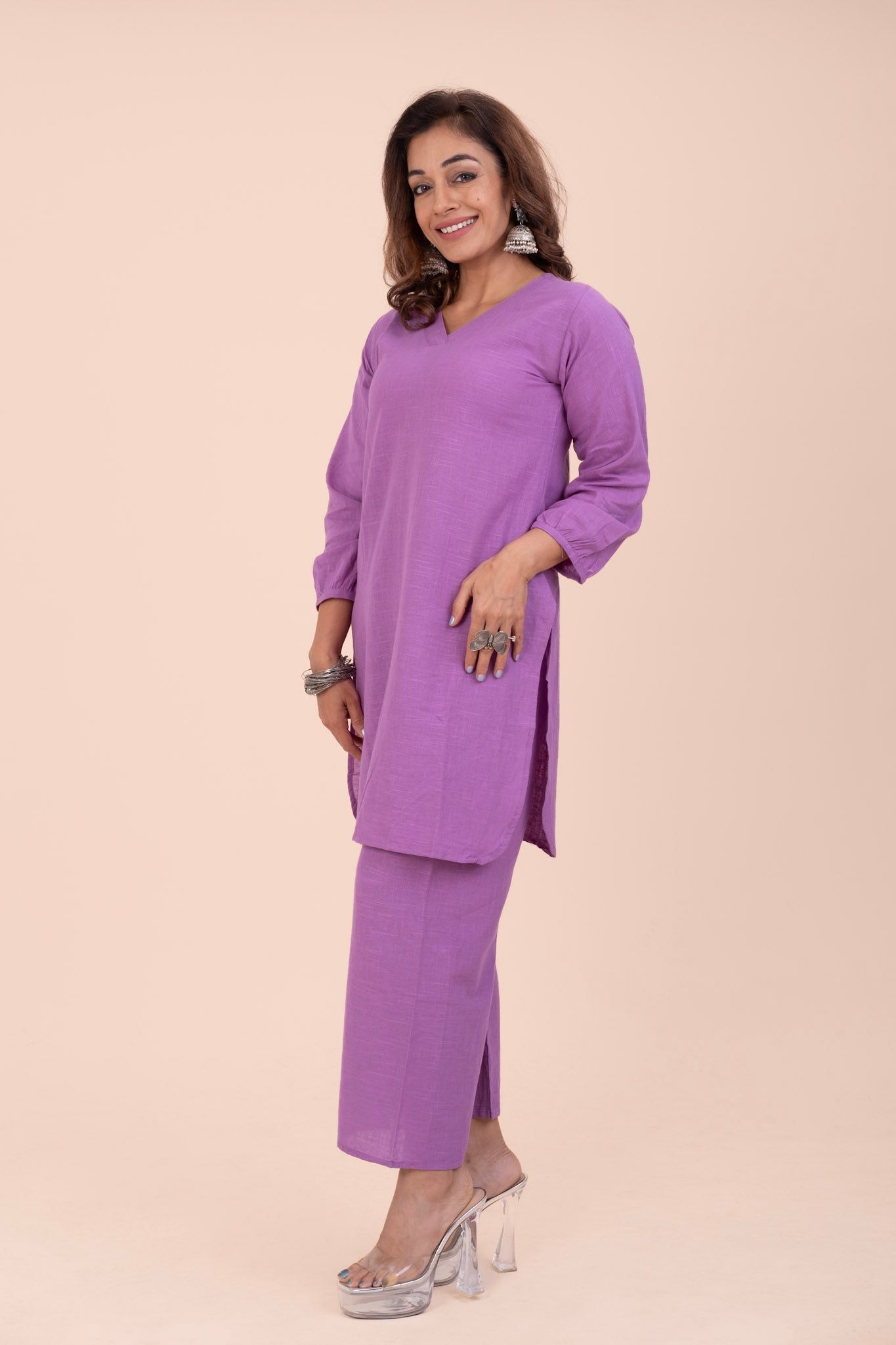 Lavender Cotton Kurta Set for Women – Relaxed Fit V-Neck | Office & Everyday Wear