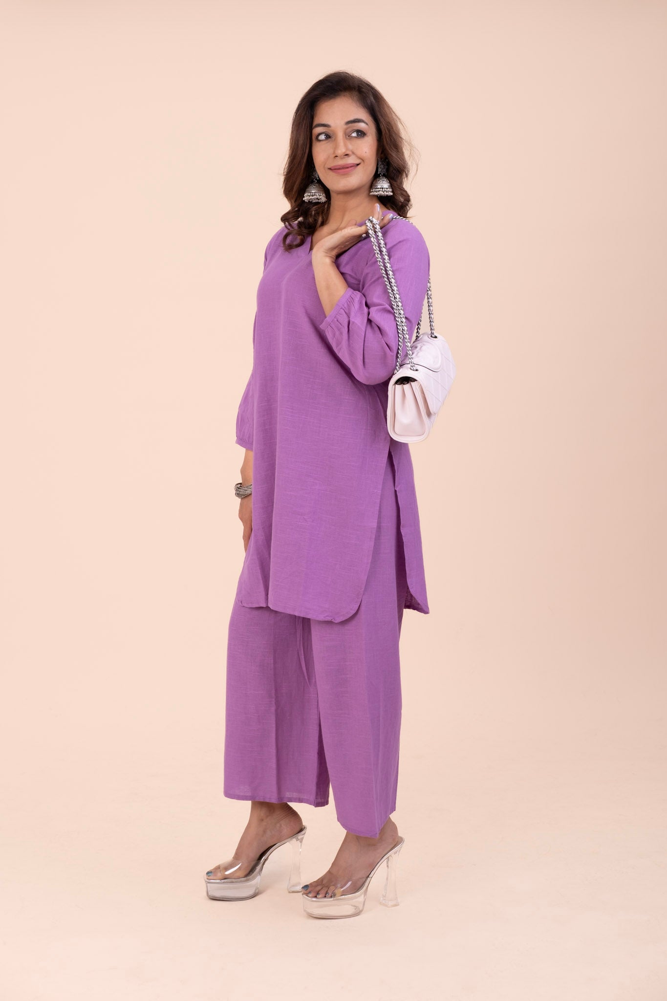 Lavender Cotton Kurta Set for Women – Relaxed Fit V-Neck | Office & Everyday Wear