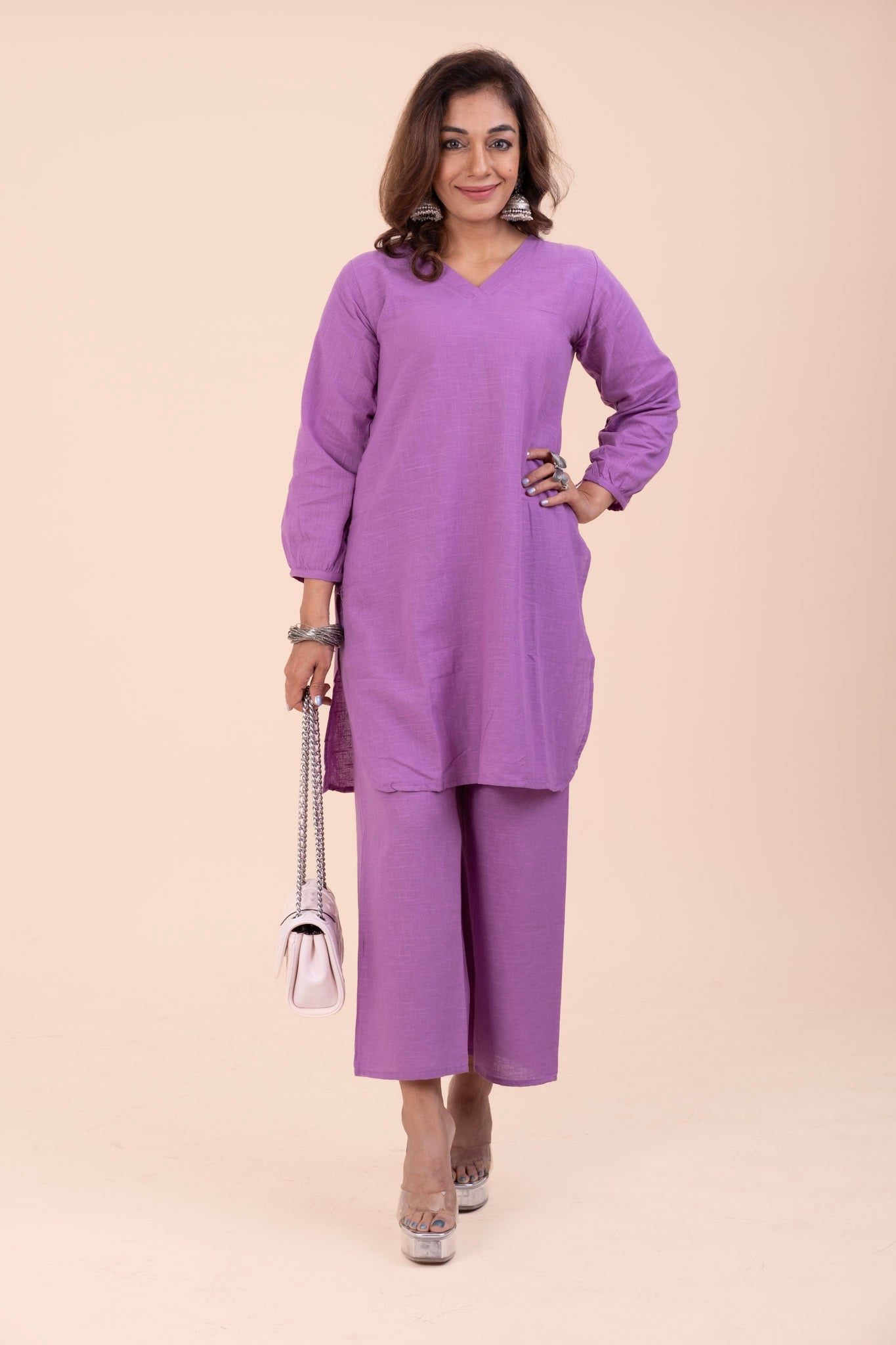 Lavender Cotton Kurta Set for Women – Relaxed Fit V-Neck | Office & Everyday Wear
