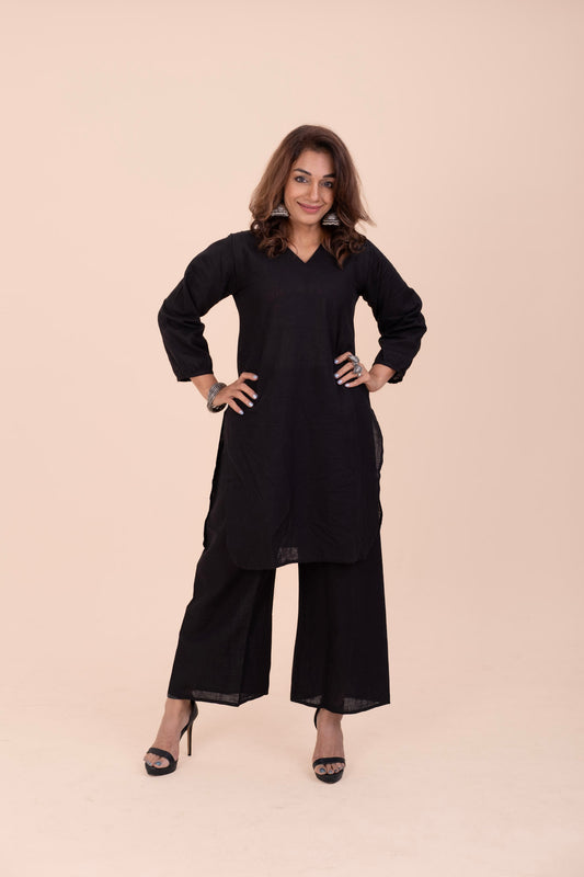 Black Cotton Kurta Set for women - Relaxed Fit, V-Neck & Palazzo Pants | Office Wear