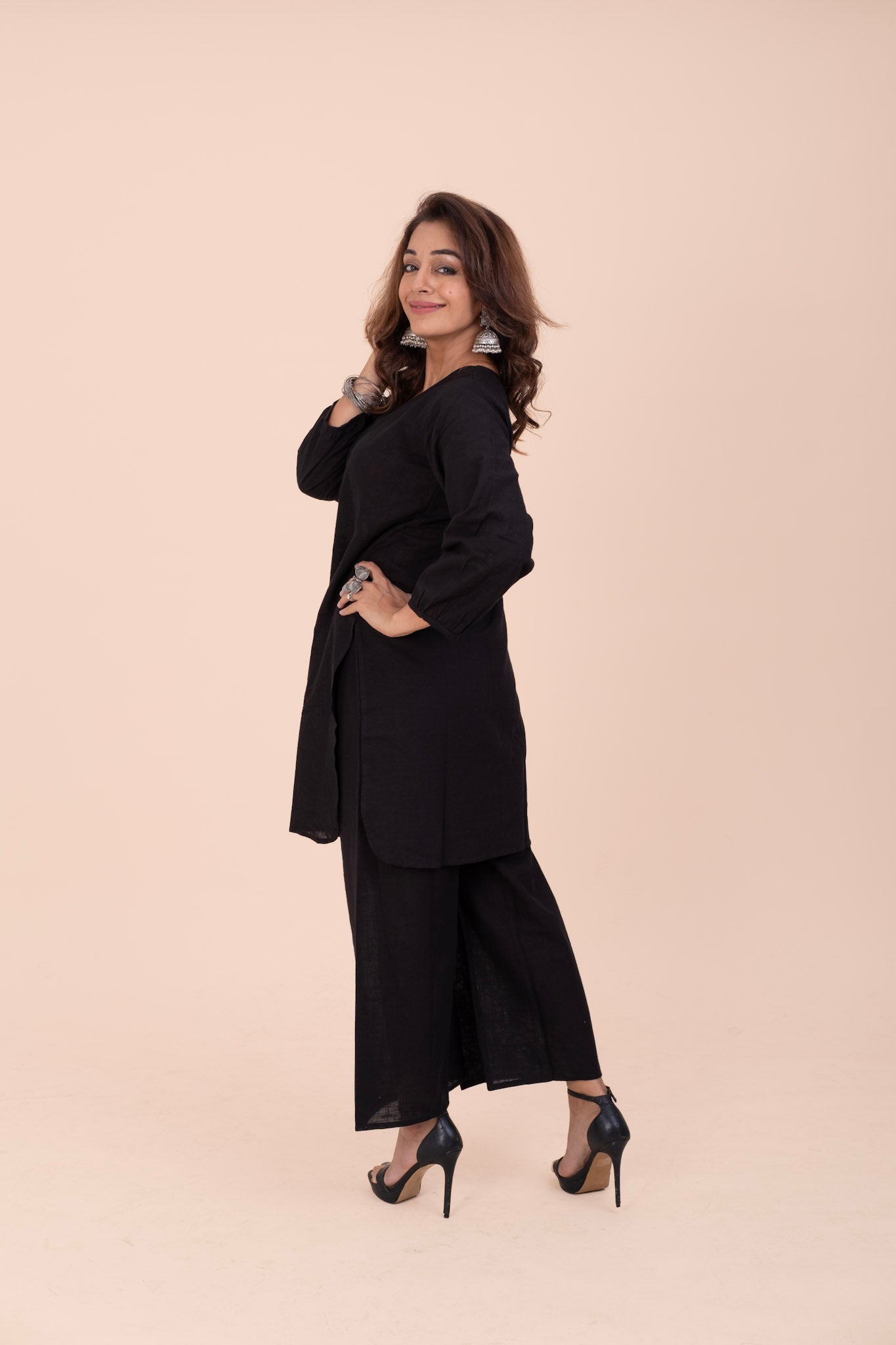Black Cotton Kurta Set for women - Relaxed Fit, V-Neck & Palazzo Pants | Office Wear