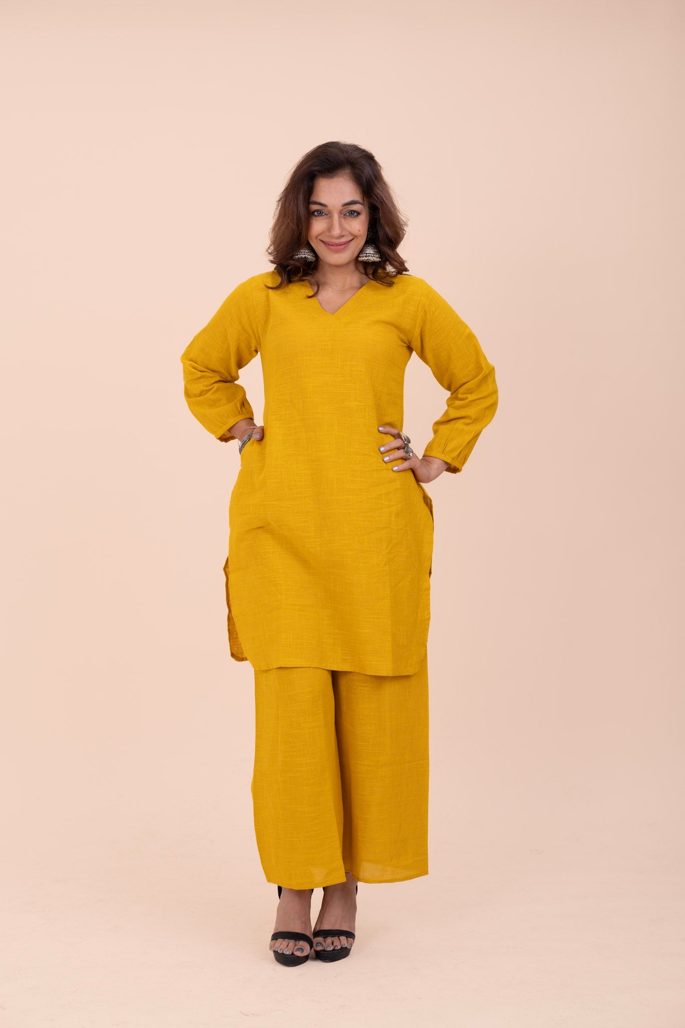 Yellow Cotton Kurta Set for Women – Relaxed Fit V-Neck | Everyday Office Wear