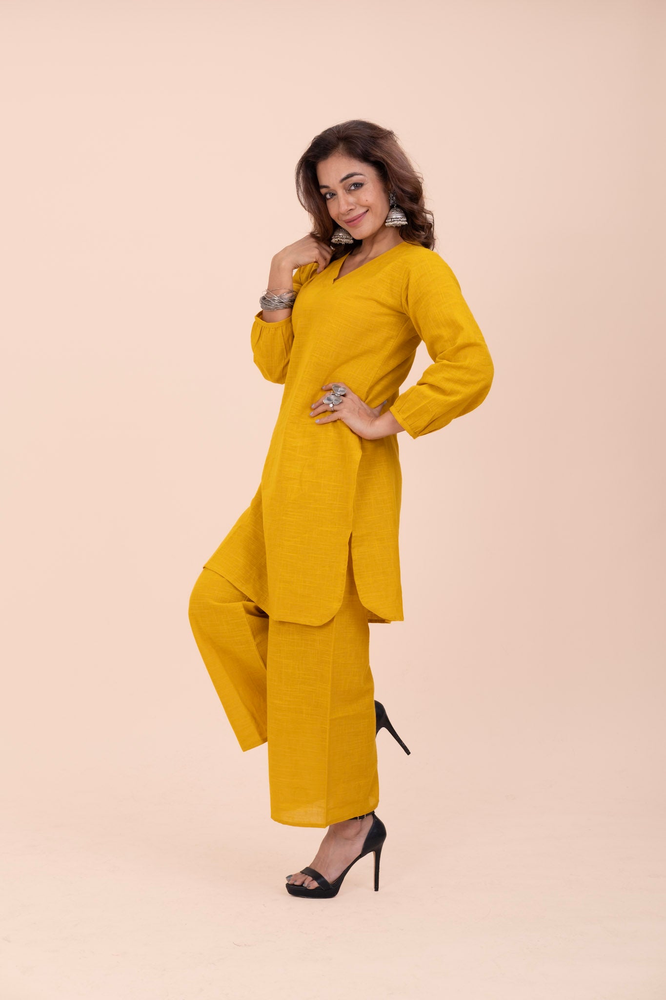 Yellow Cotton Kurta Set for Women – Relaxed Fit V-Neck | Everyday Office Wear