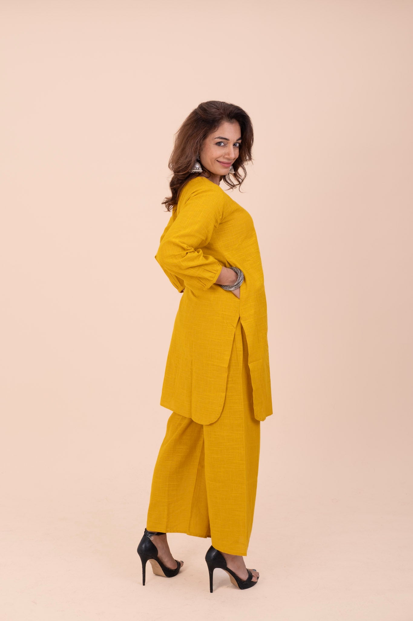 Yellow Cotton Kurta Set for Women – Relaxed Fit V-Neck | Everyday Office Wear