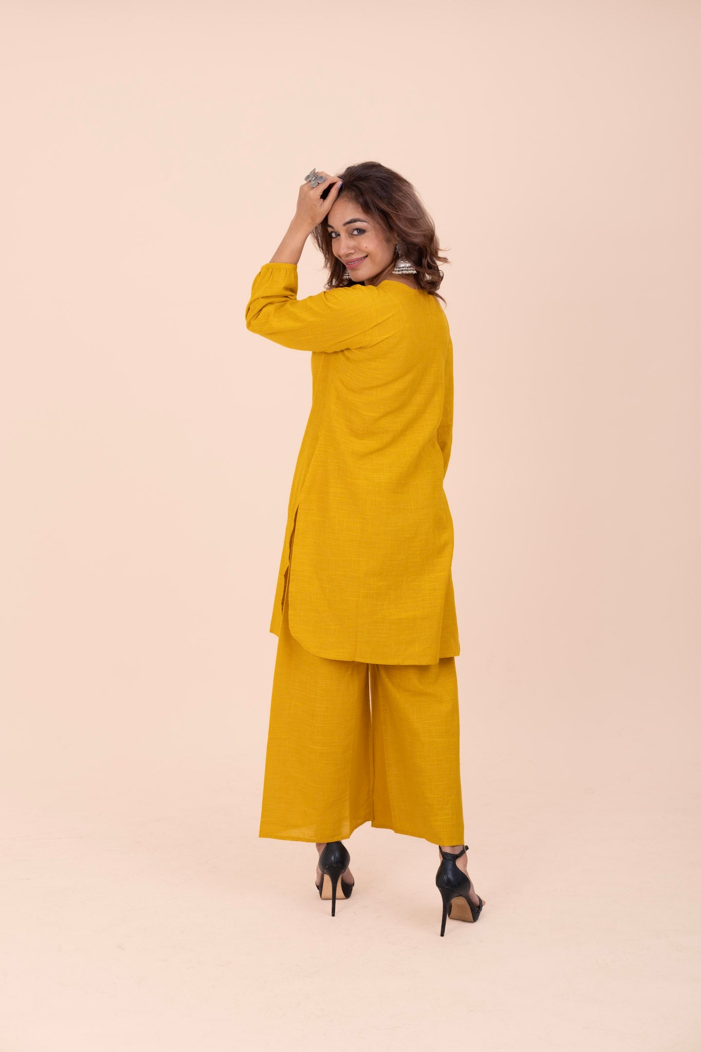 Yellow Cotton Kurta Set for Women – Relaxed Fit V-Neck | Everyday Office Wear