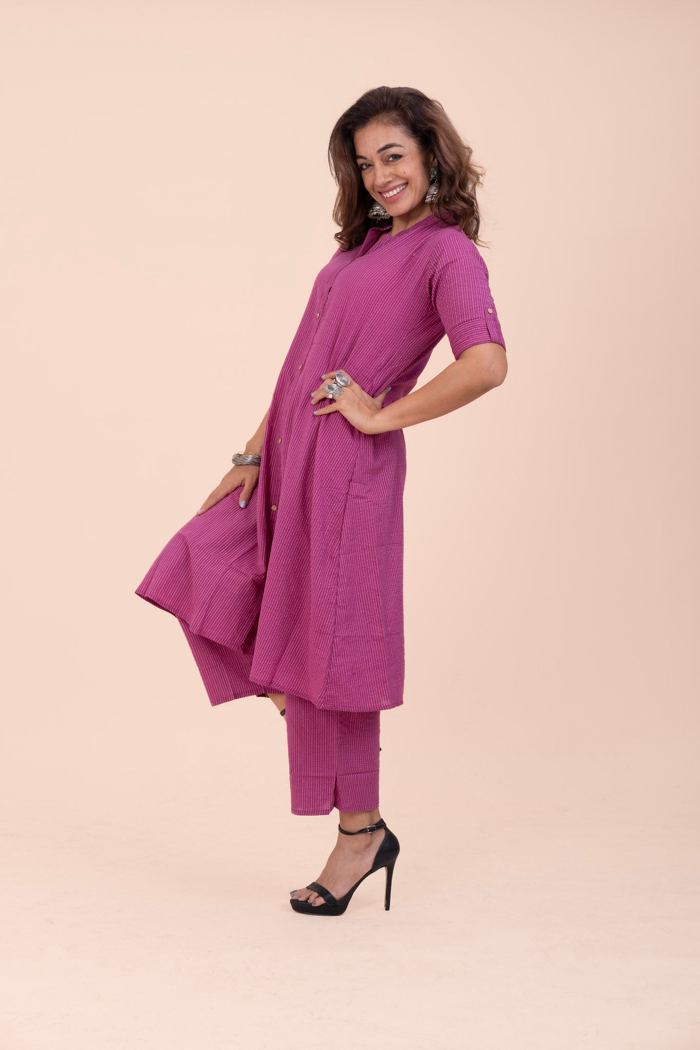 Mandarin Collar Aline Kurta Set - Wine Colour