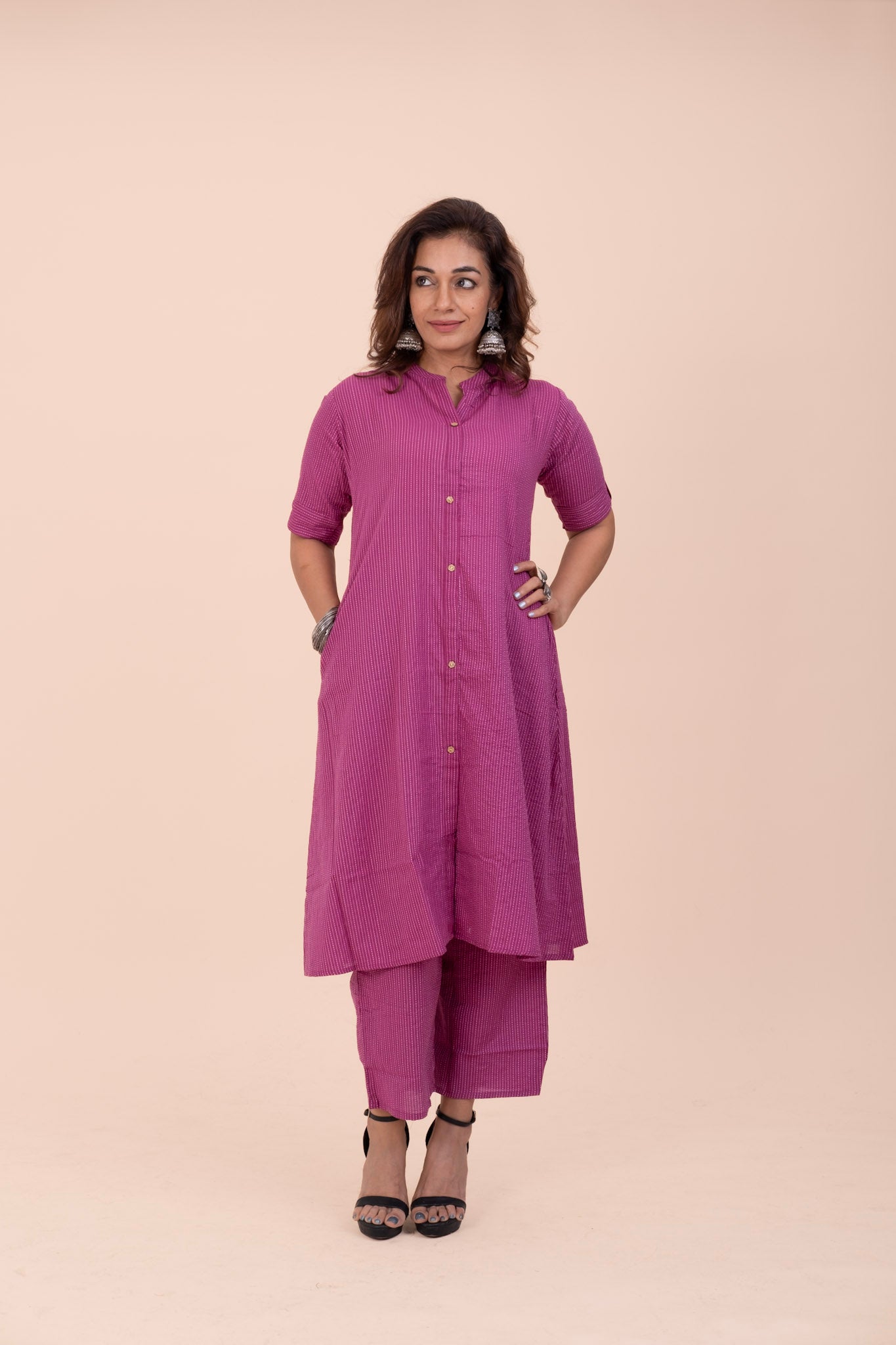 Mandarin Collar Aline Kurta Set - Wine Colour