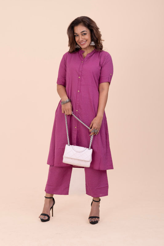 Mandarin Collar Aline Kurta Set - Wine Colour