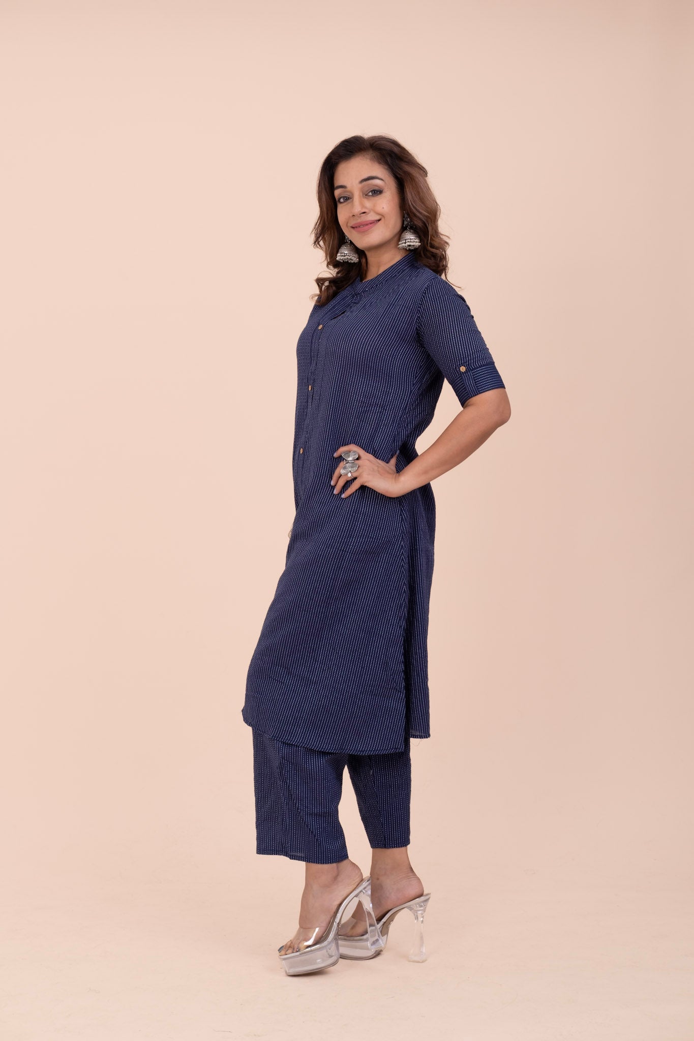 Navy Blue Mandarin Collar Aline Kurta Set