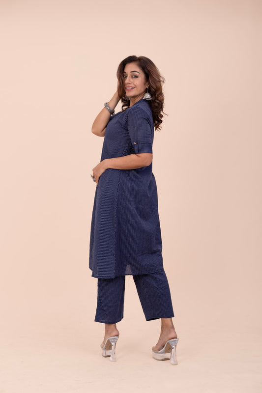 Navy Blue Mandarin Collar Aline Kurta Set