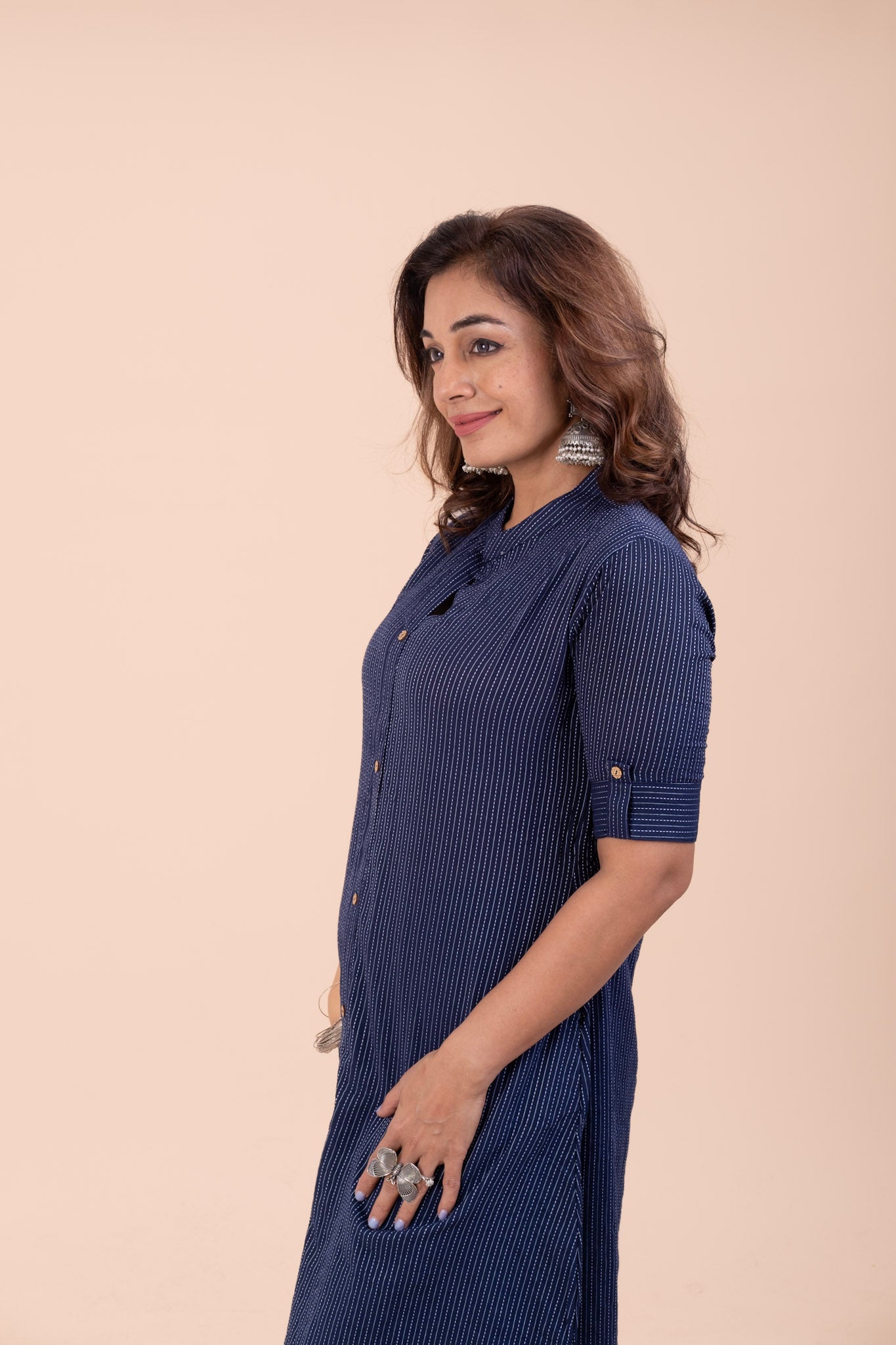 Navy Blue Mandarin Collar Aline Kurta Set