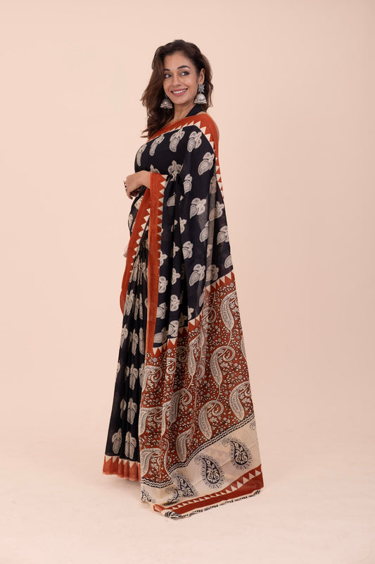 BLACK BAGRU PRINT COTTON SAREE