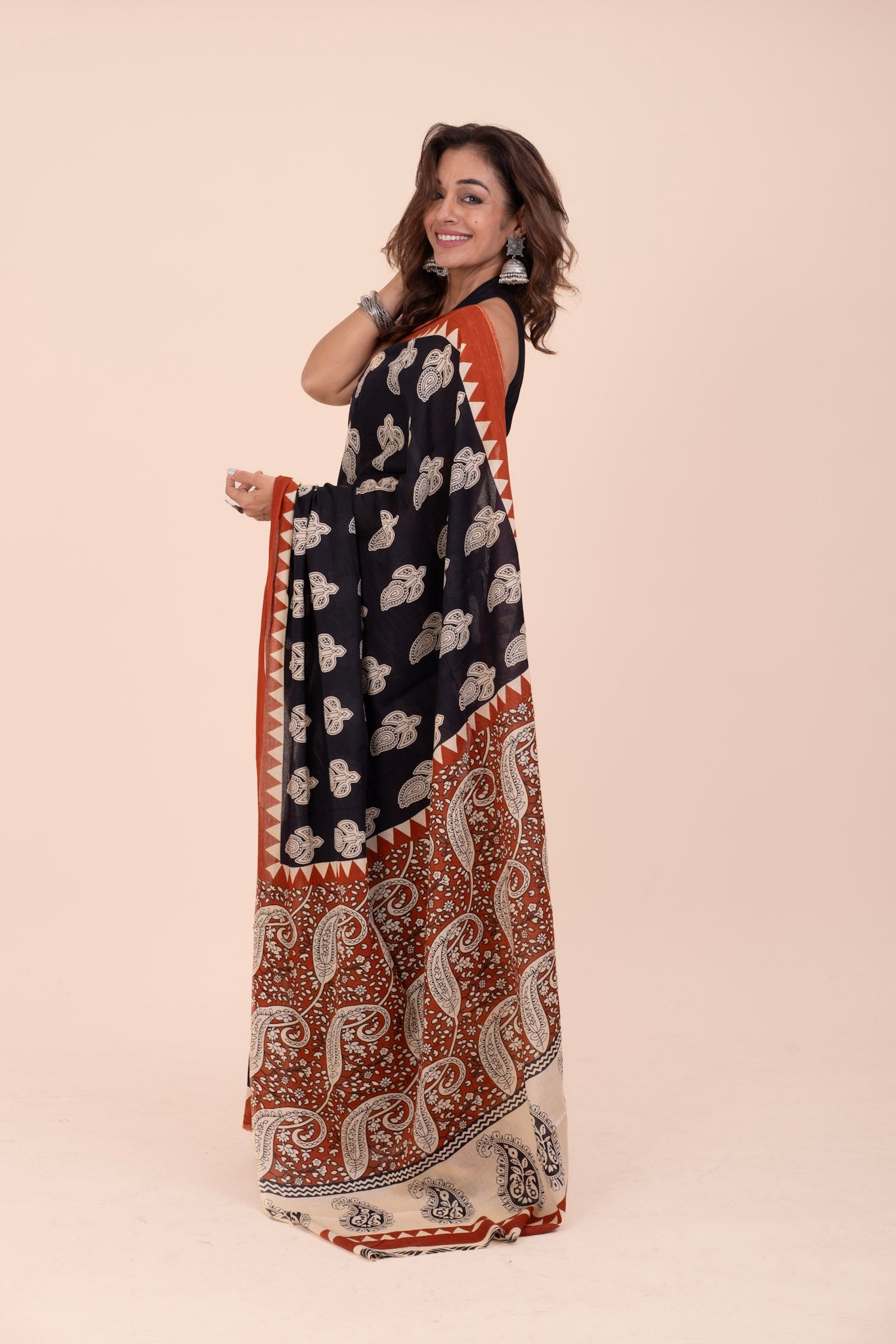 BLACK BAGRU PRINT COTTON SAREE
