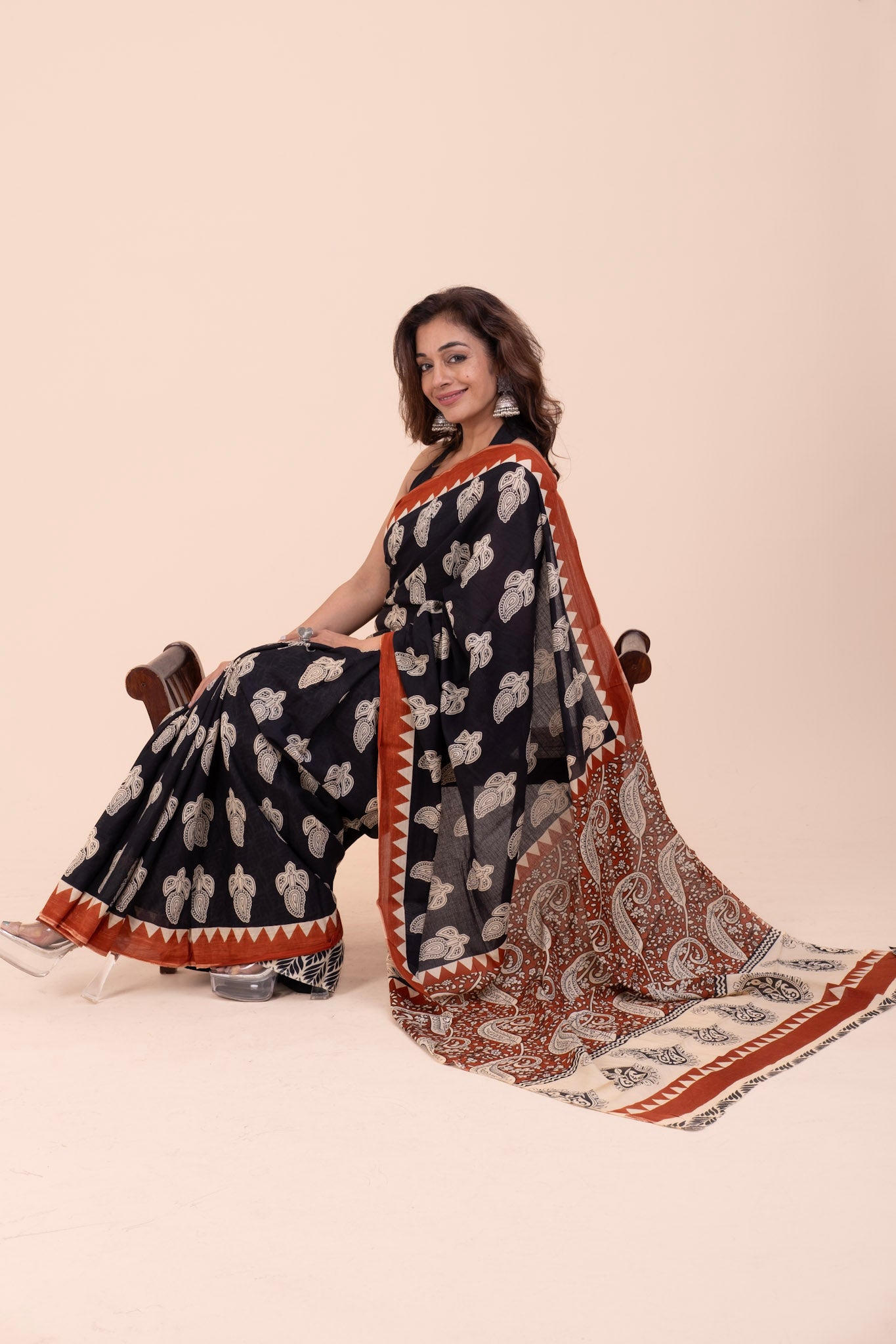 BLACK BAGRU PRINT COTTON SAREE