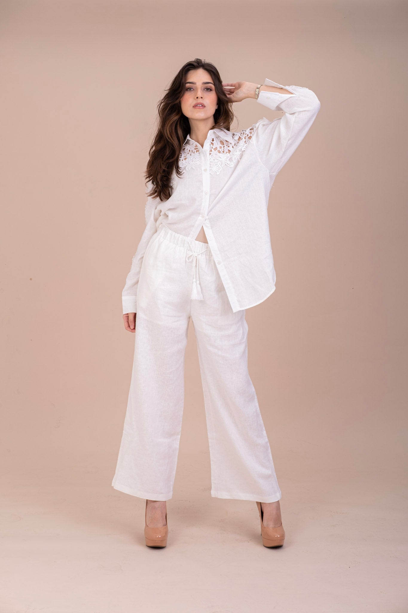 WHITE LINEN SHIRT - Premium Quality with Lace Cut-Out Details | Elegant & Breathable