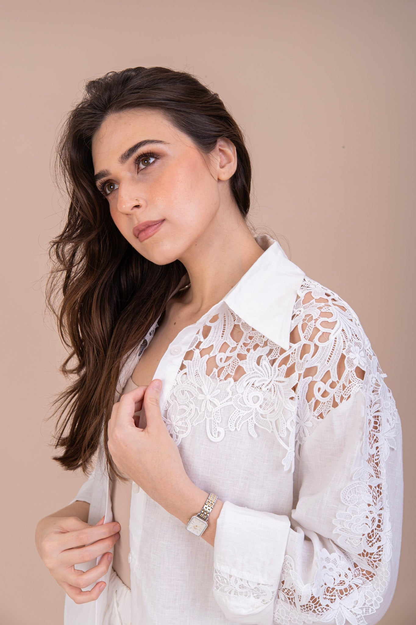 WHITE LINEN SHIRT - Premium Quality with Lace Cut-Out Details | Elegant & Breathable