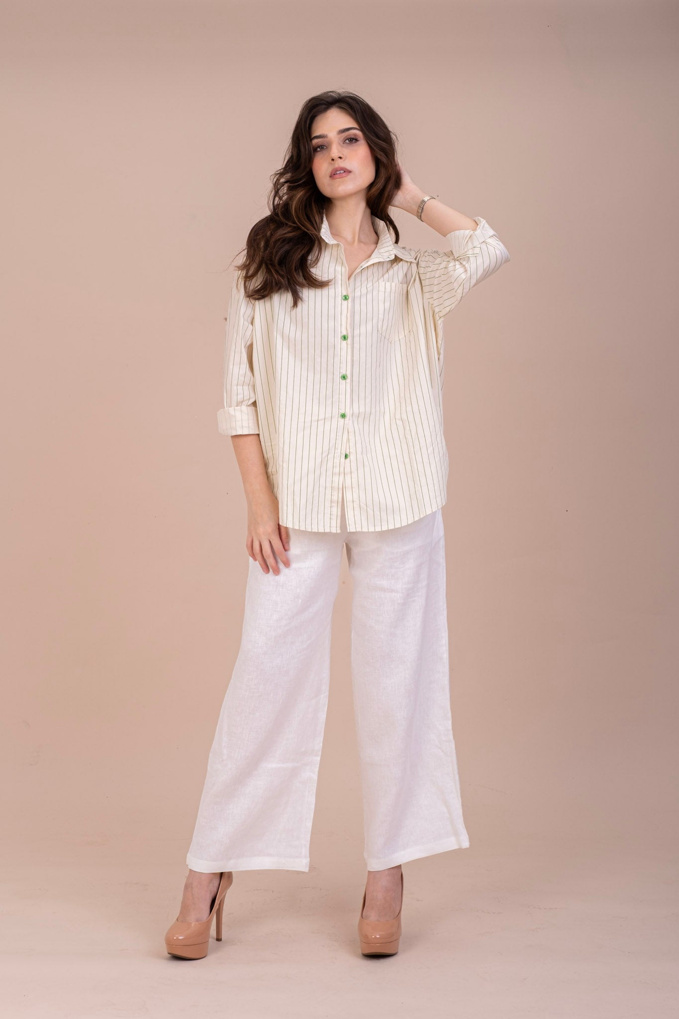 EMBROIDERED BUTTON-UP STRIPPED COTTON SHIRT