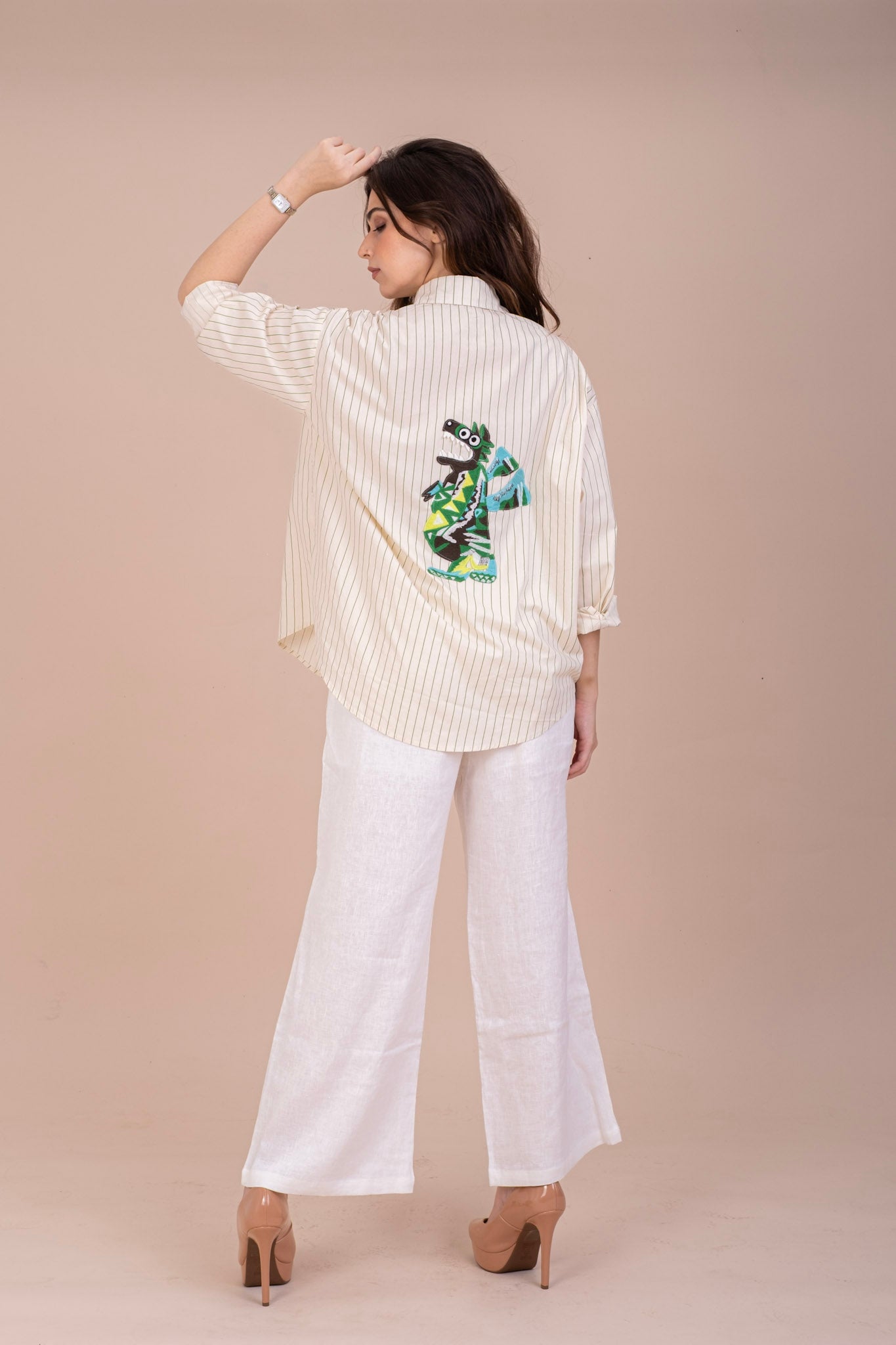 EMBROIDERED BUTTON-UP STRIPPED COTTON SHIRT