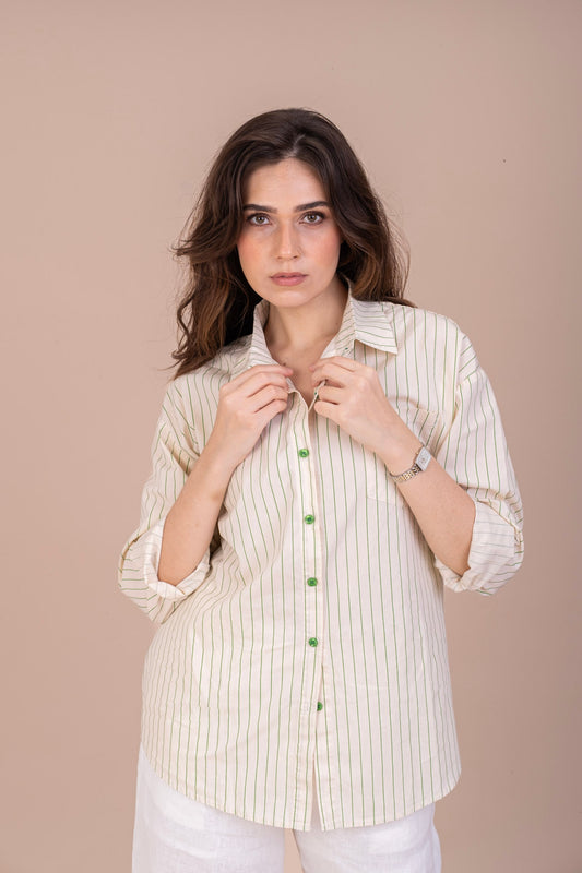 oversized off white and green pinstripe cotton shirt