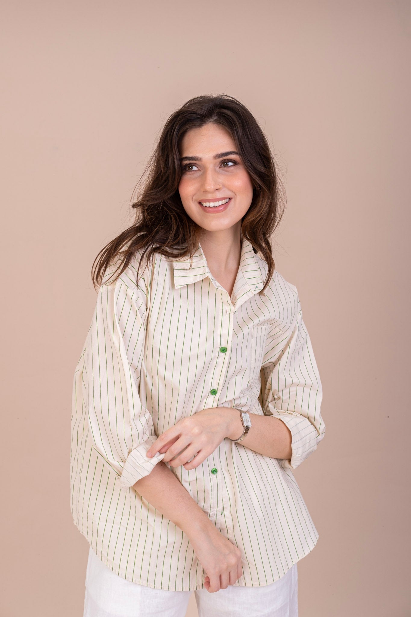EMBROIDERED BUTTON-UP STRIPPED COTTON SHIRT