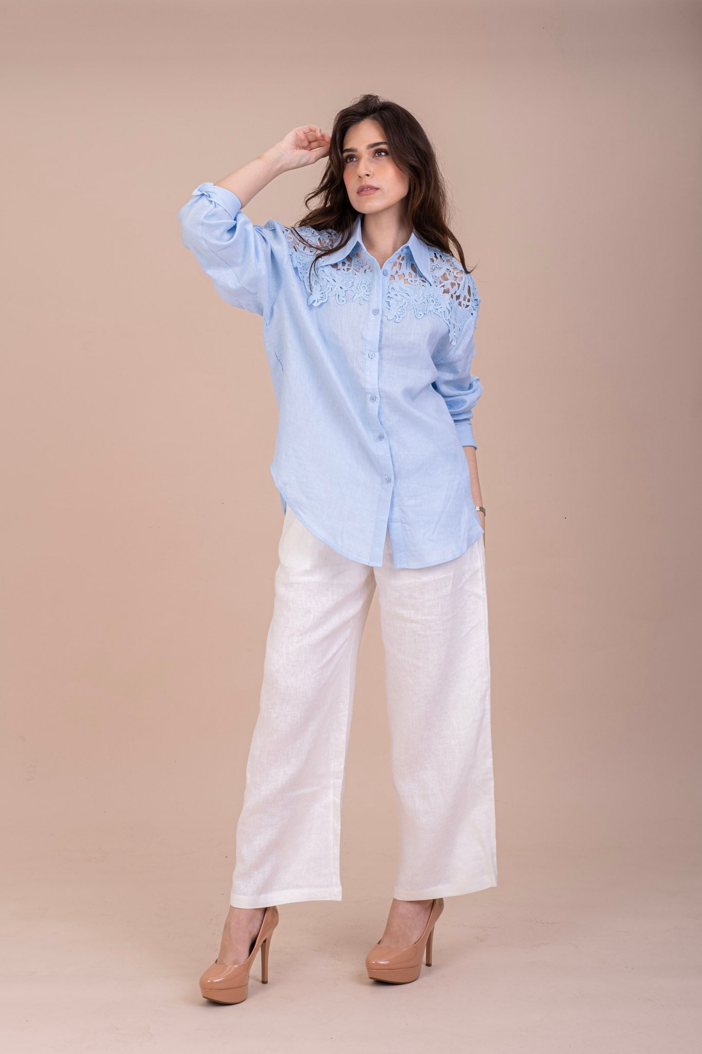 FLORAL LACE BLUE LINEN SHIRT