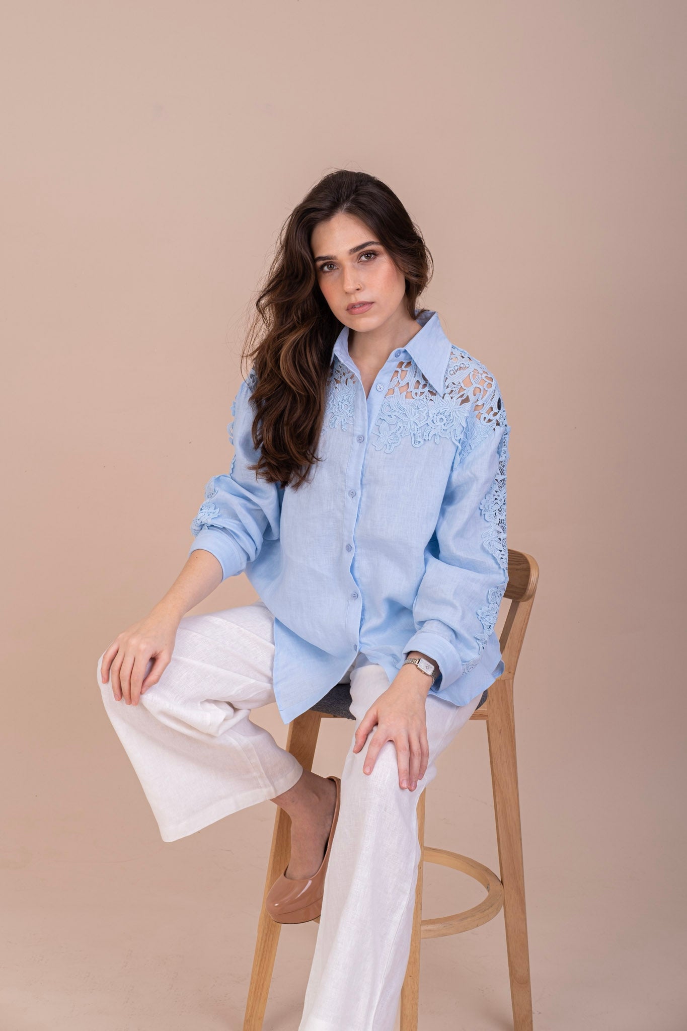 FLORAL LACE BLUE LINEN SHIRT