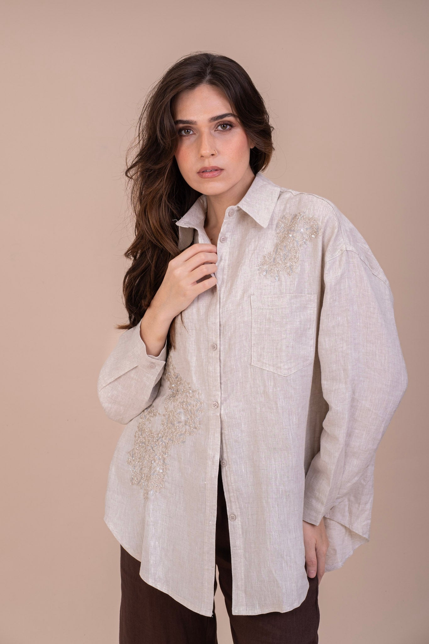 EMBROIDERED NATURAL LINEN SHIRT - Pure Linen | Oversized Fit
