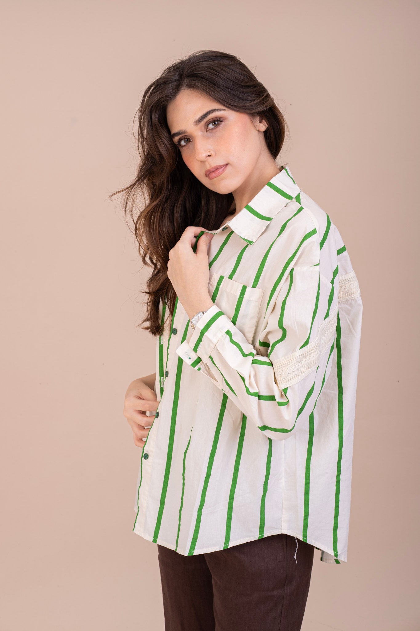 STRIPPED BUTTON-UP LACE SHIRT