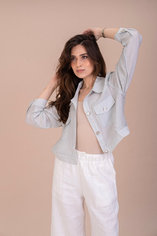 PASTEL CARGO CROP SHIRT - POWDER BLUE
