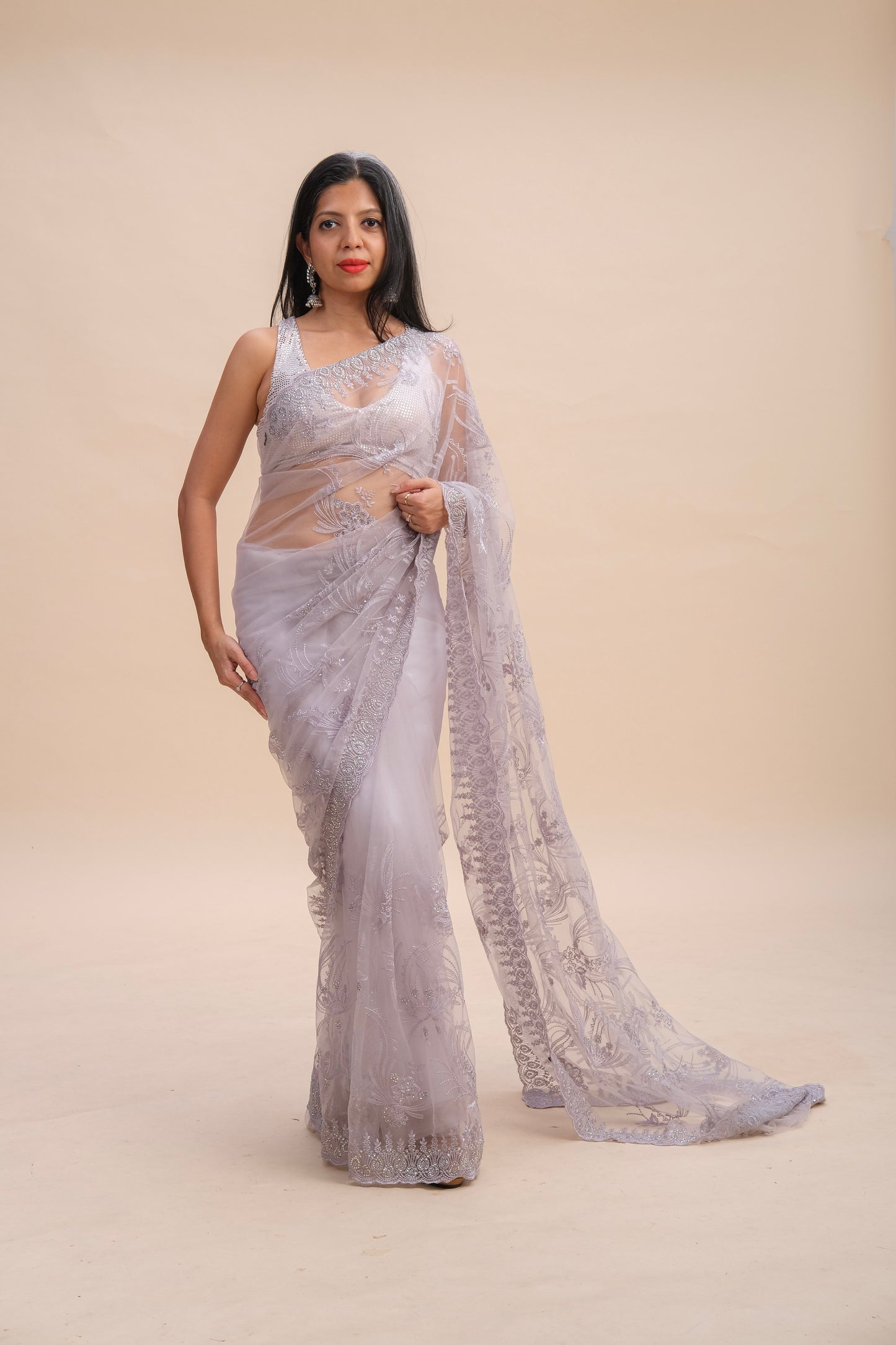 MAUVE EMBROIDERED NET SAREE