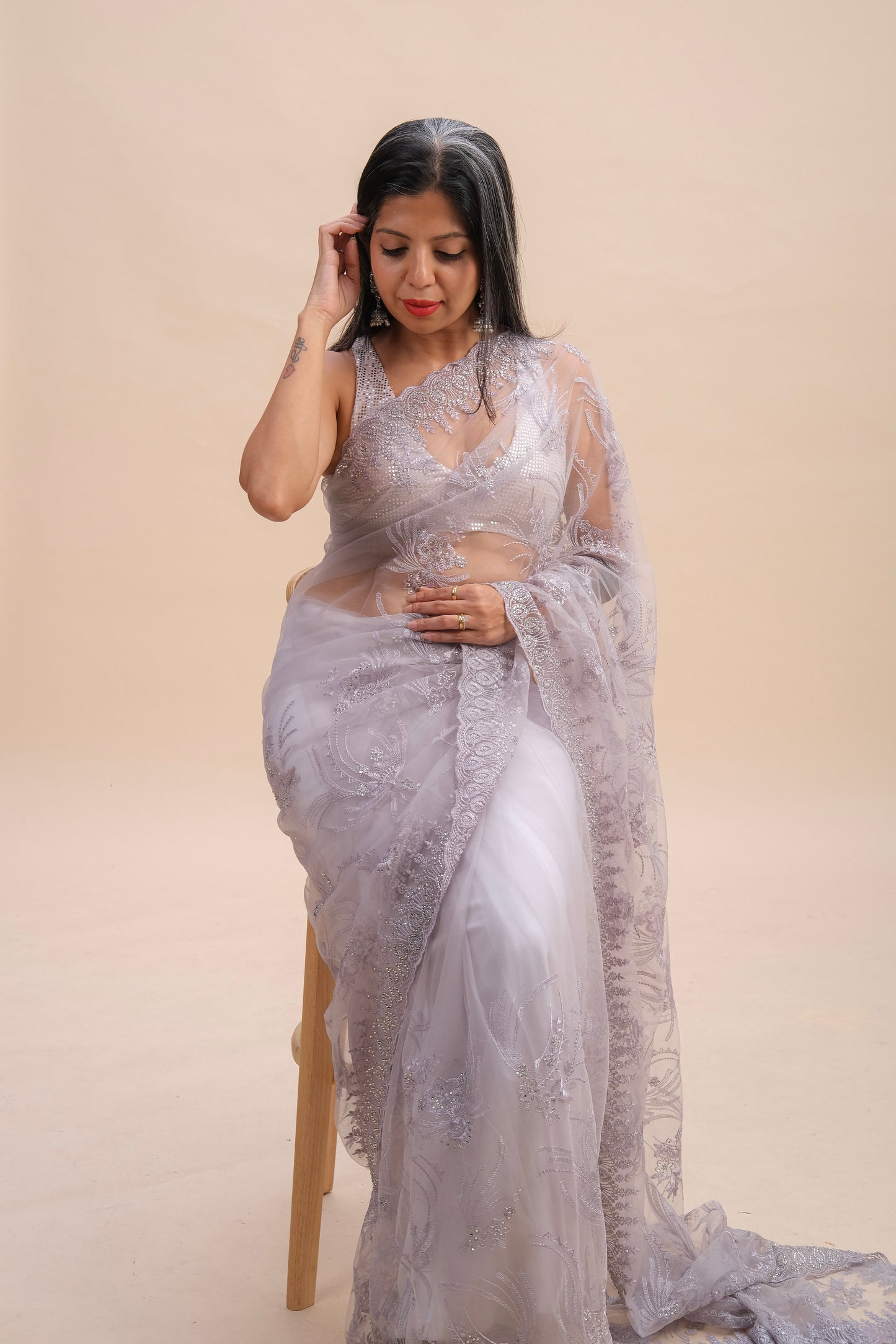 MAUVE EMBROIDERED NET SAREE