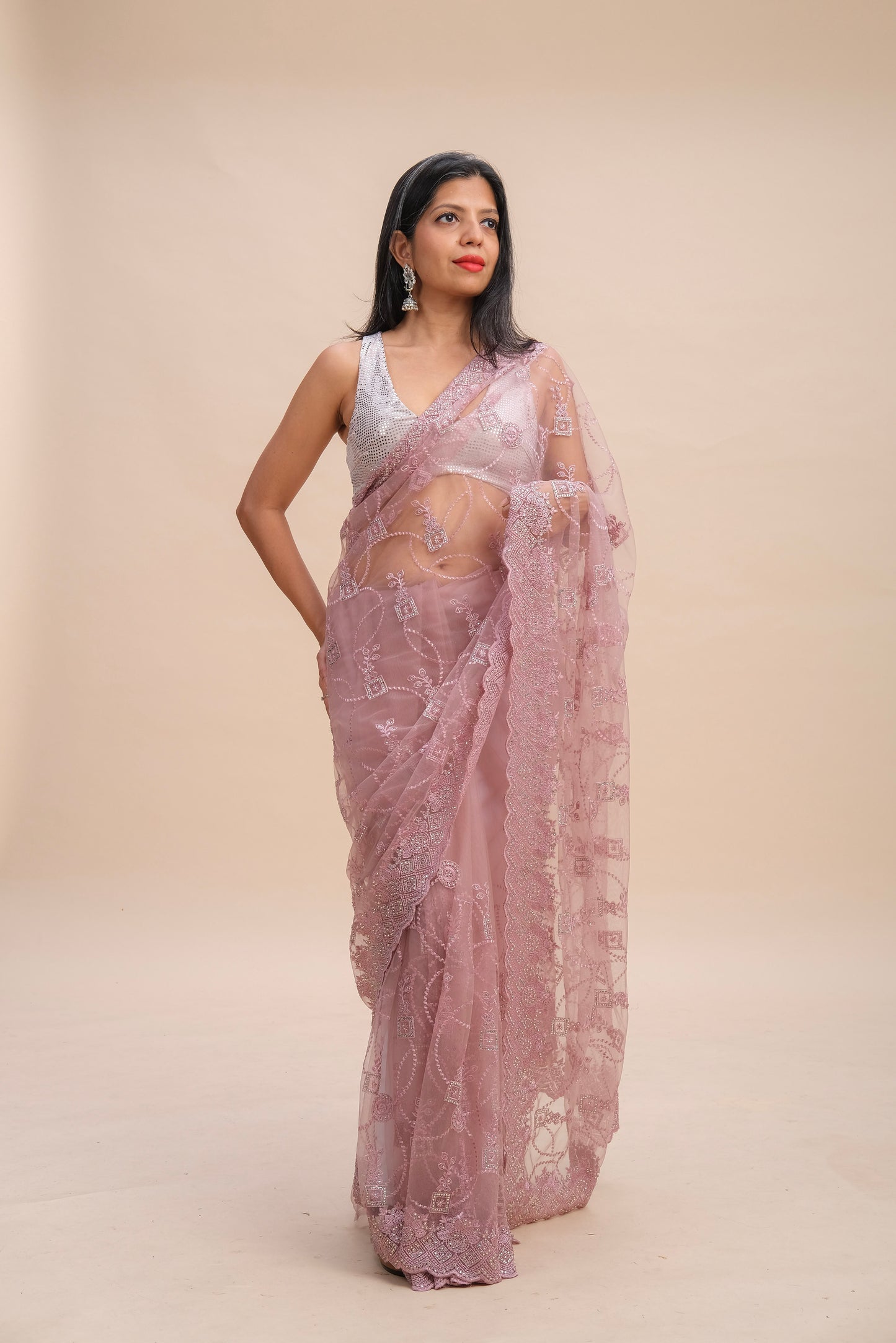 PINK EMBROIDERED NET SAREE
