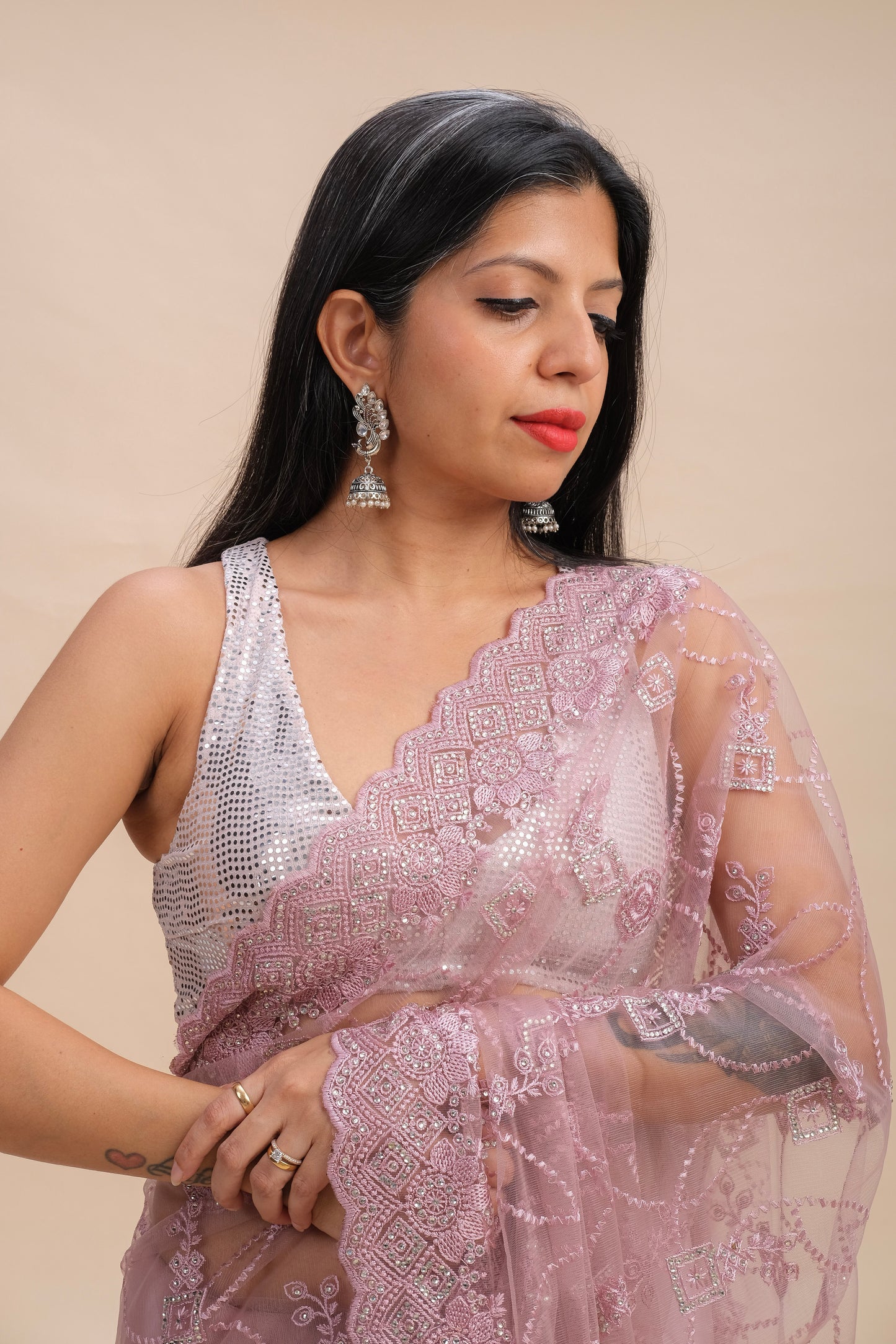 PINK EMBROIDERED NET SAREE