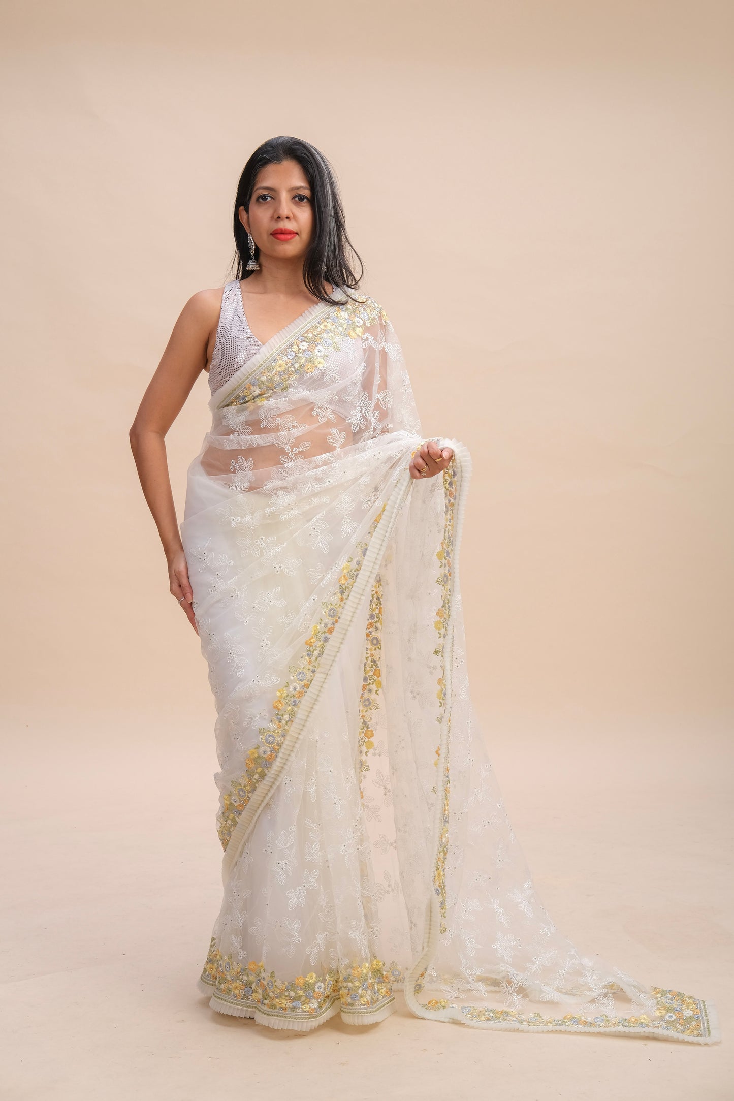 WHITE ROSE EMBROIDERED SAREE