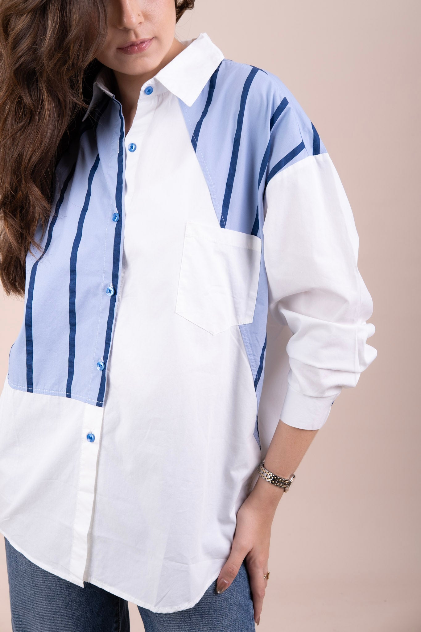 BLUE DAISY - White Cotton Shirt with Blue Stripe Detail
