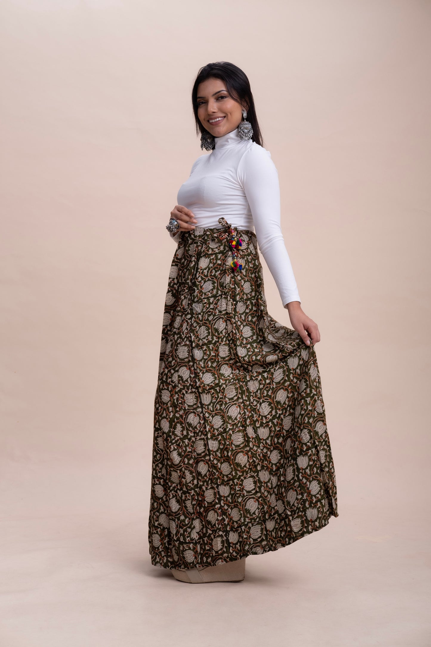 GREEN BAGRU PRINT COTTON MAXI SKIRT