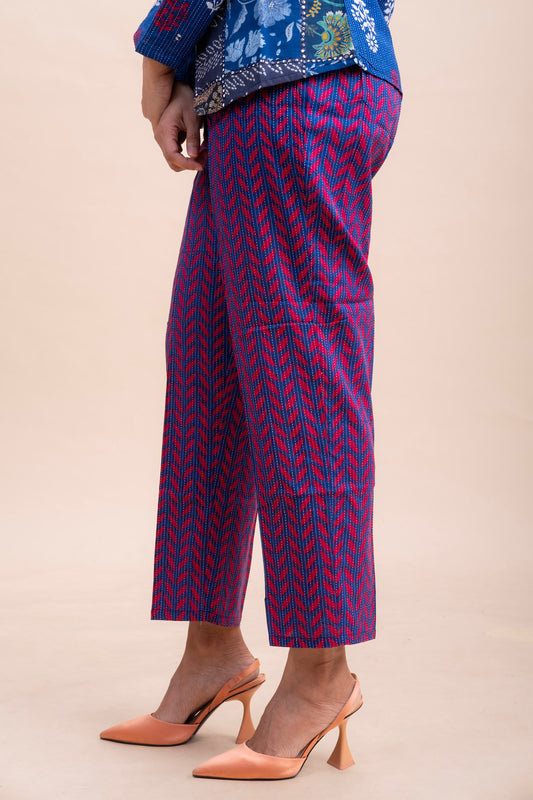 Close up of a pink and blue cotton tailored pants
