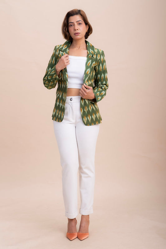 GREEN HANDLOOM COTTON BLAZER β Ikat Block Print | Women's Workwear & Fusion Jacket