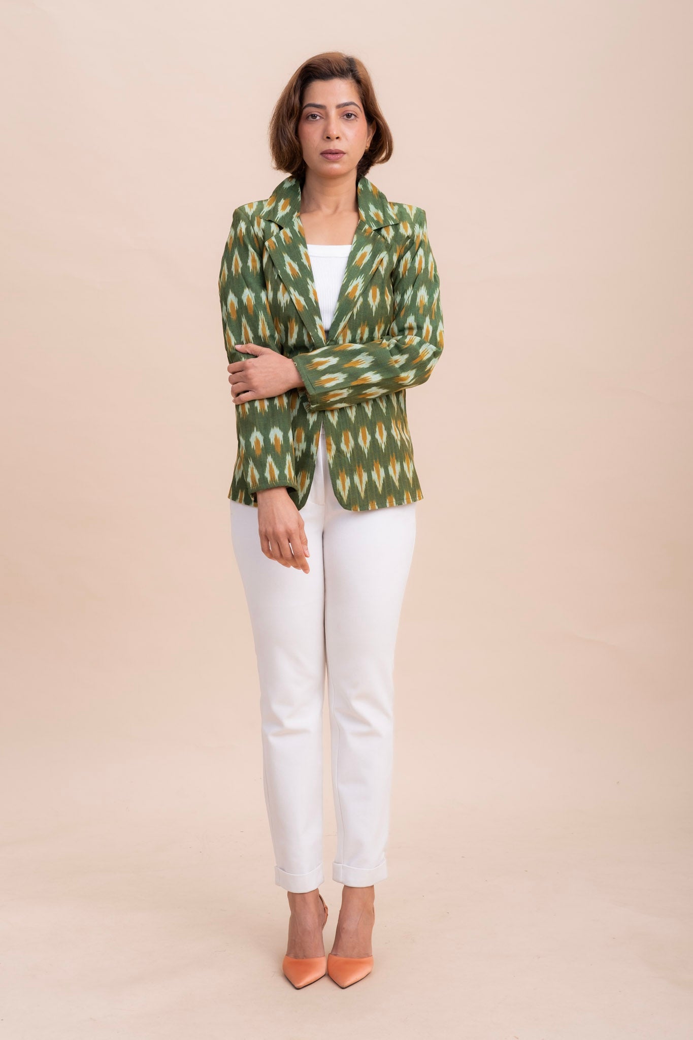 GREEN HANDLOOM COTTON BLAZER – Ikat Block Print | Women's Workwear & Fusion Jacket