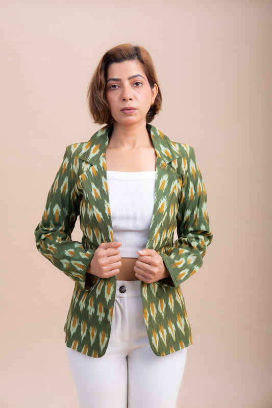 GREEN HANDLOOM COTTON BLAZER β Ikat Block Print | Women's Workwear & Fusion Jacket