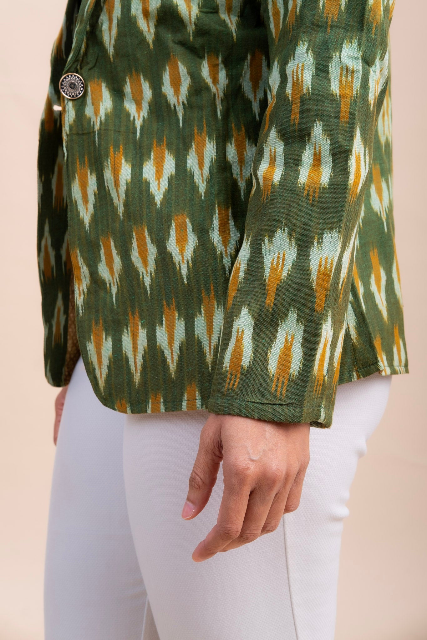 GREEN HANDLOOM COTTON BLAZER – Ikat Block Print | Women's Workwear & Fusion Jacket