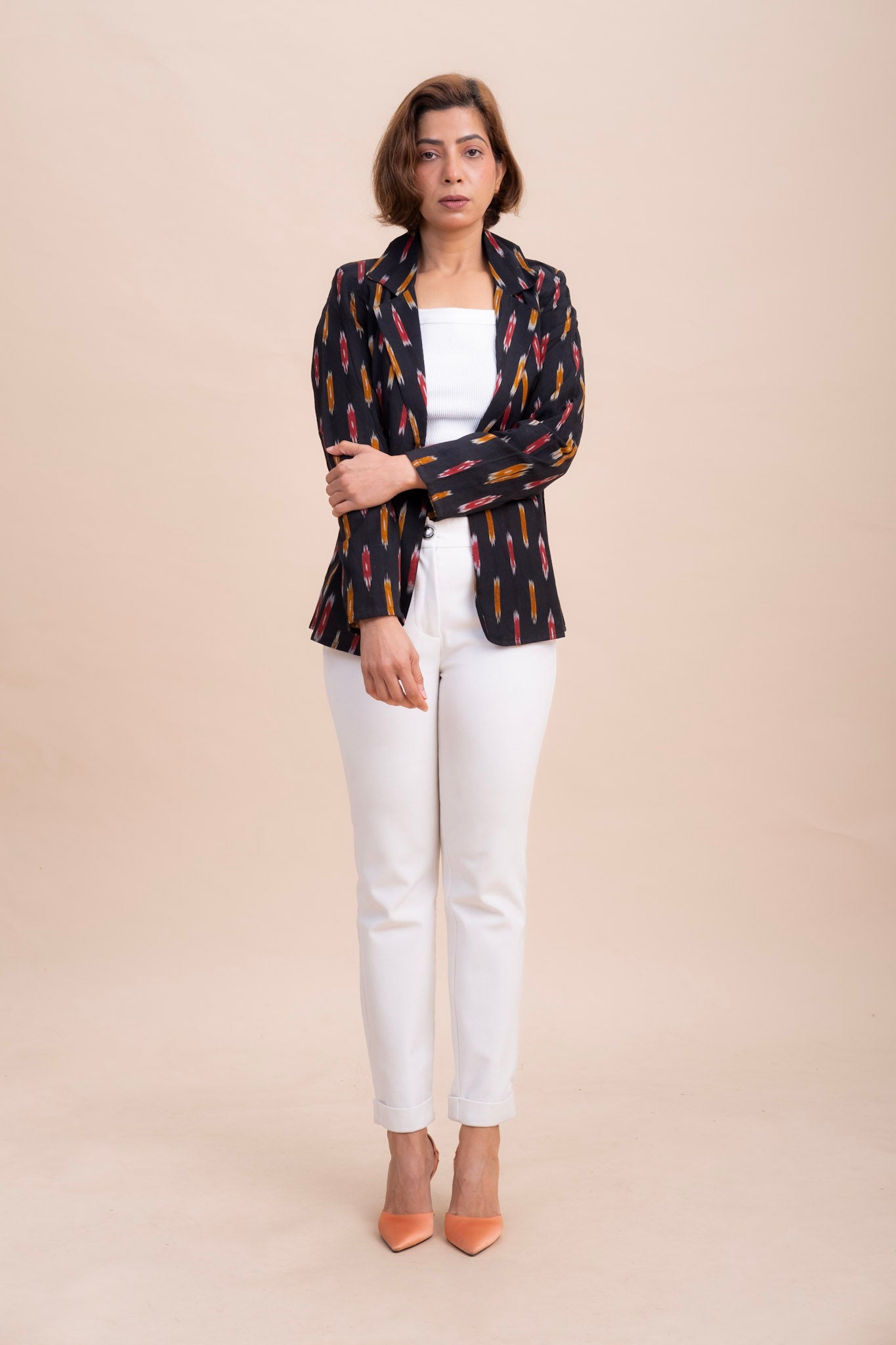 BLACK IKAT BLOCK PRINT BLAZER – Cotton Jacket for Women | Office & Casual Wear