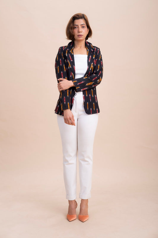 BLACK IKAT BLOCK PRINT BLAZER β Cotton Jacket for Women | Office & Casual Wear