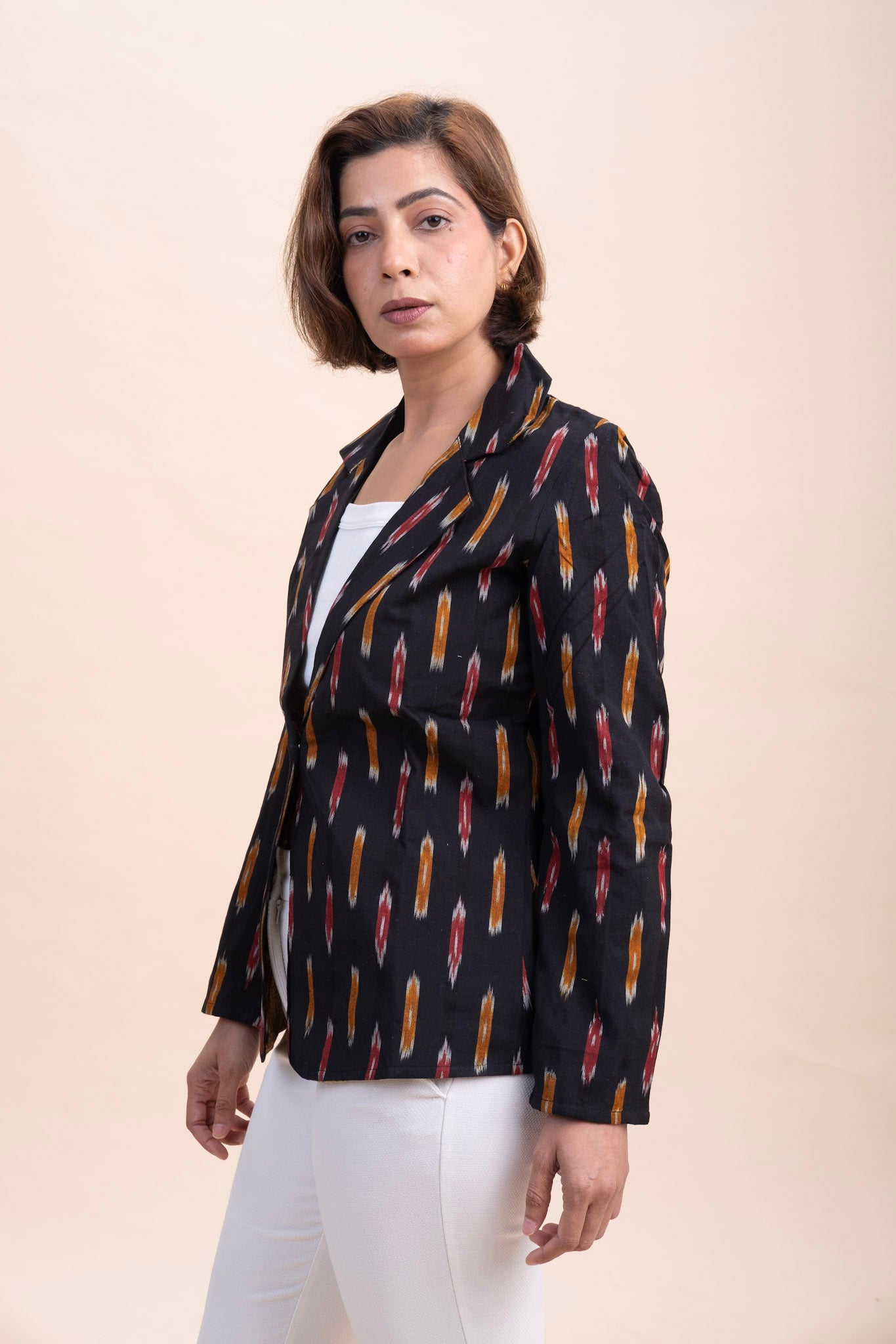BLACK IKAT BLOCK PRINT BLAZER – Cotton Jacket for Women | Office & Casual Wear