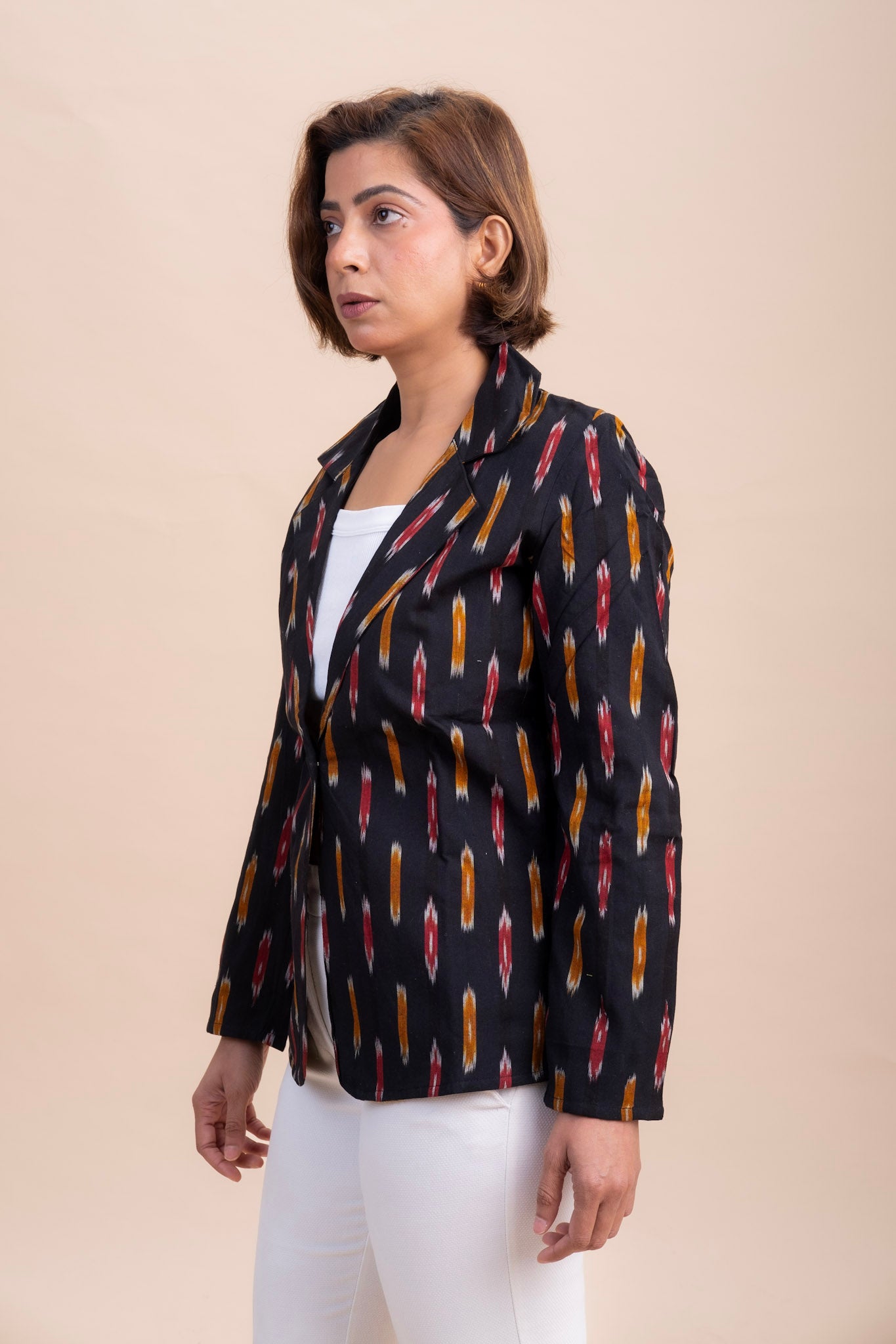 BLACK IKAT BLOCK PRINT BLAZER – Cotton Jacket for Women | Office & Casual Wear