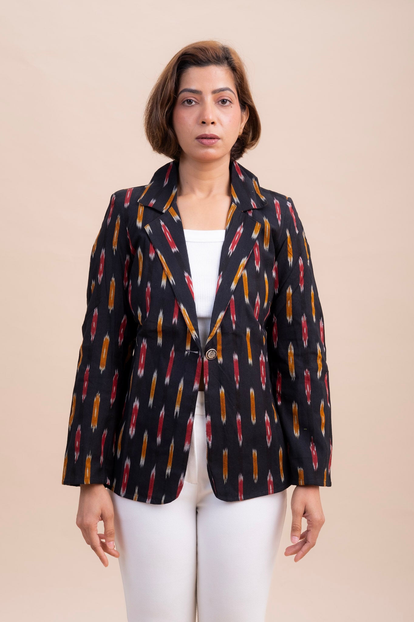 BLACK IKAT BLOCK PRINT BLAZER – Cotton Jacket for Women | Office & Casual Wear