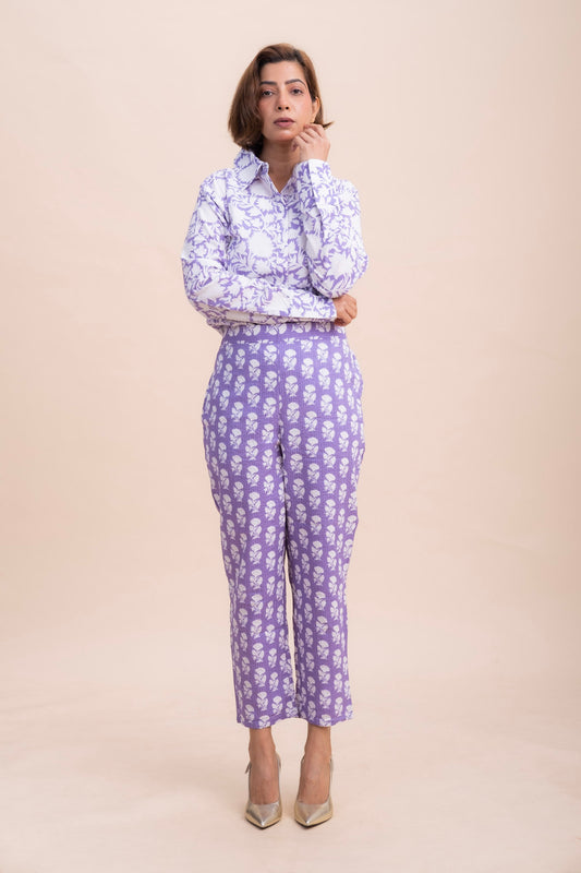 LAVENDER FLORAL PRINTED TROUSER IN COTTON