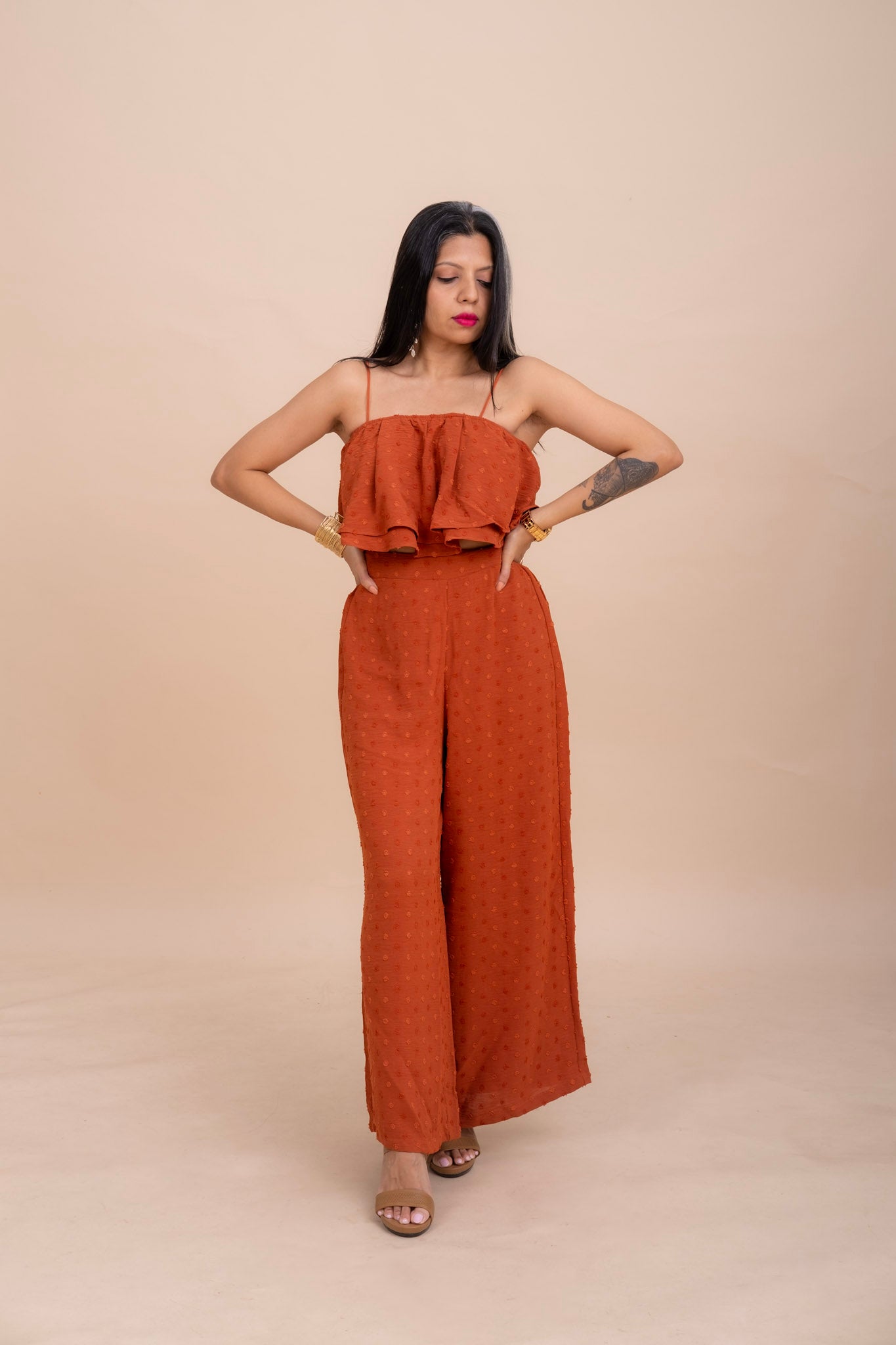CO-ORD SET : BURNT ORANGE CAMI TOP AND WIDE LEGGED PANTS – Bae Go Cray