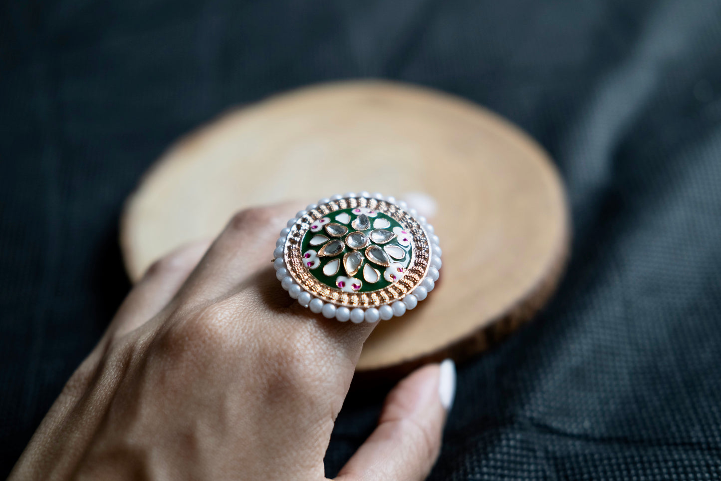 GREEN ENAMEL GOLD PLATED ADJUSTABLE RING