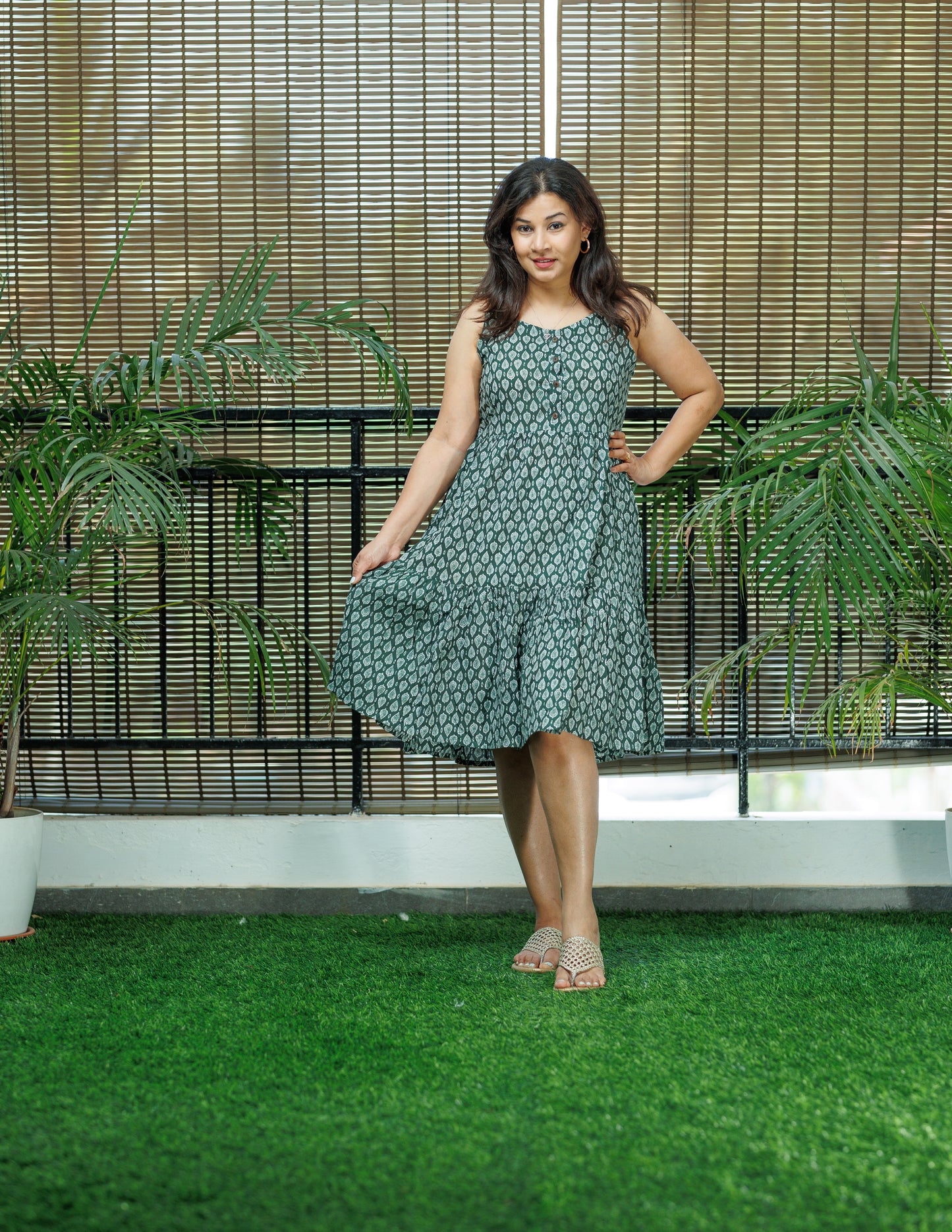 STRAP DRESS - Green Jaipuri print